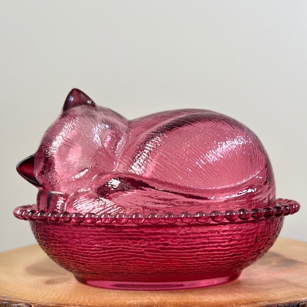 Decorative Glass Sleeping Cat Trinket Dish - Pink